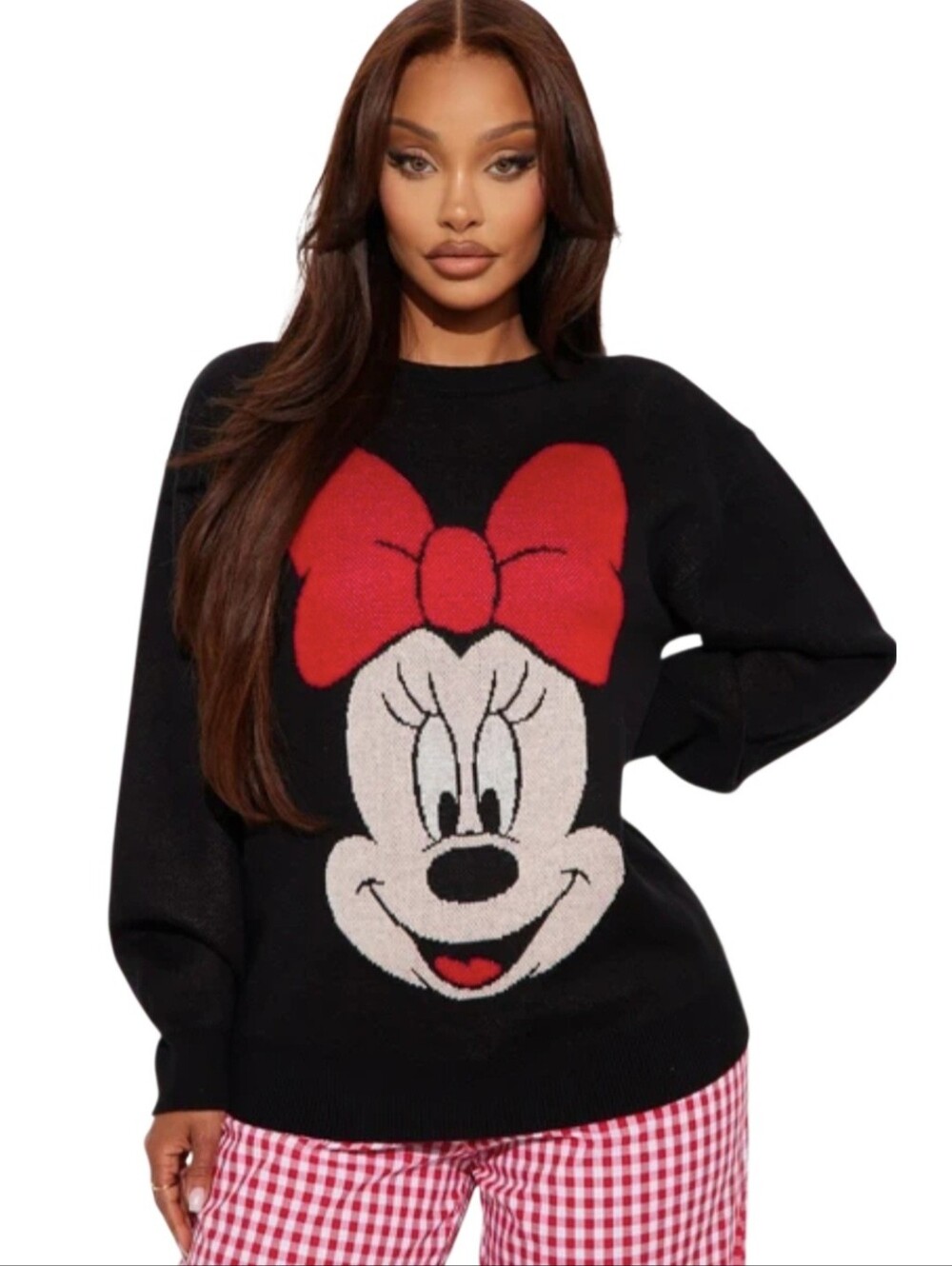 Disney Minnie Mouse Women’s Size L Black Pullover Sweater Red Bow Graphic